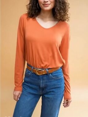 St. John's Bay Orange V-Neck 3/4 Sleeve Top, 100% cotton